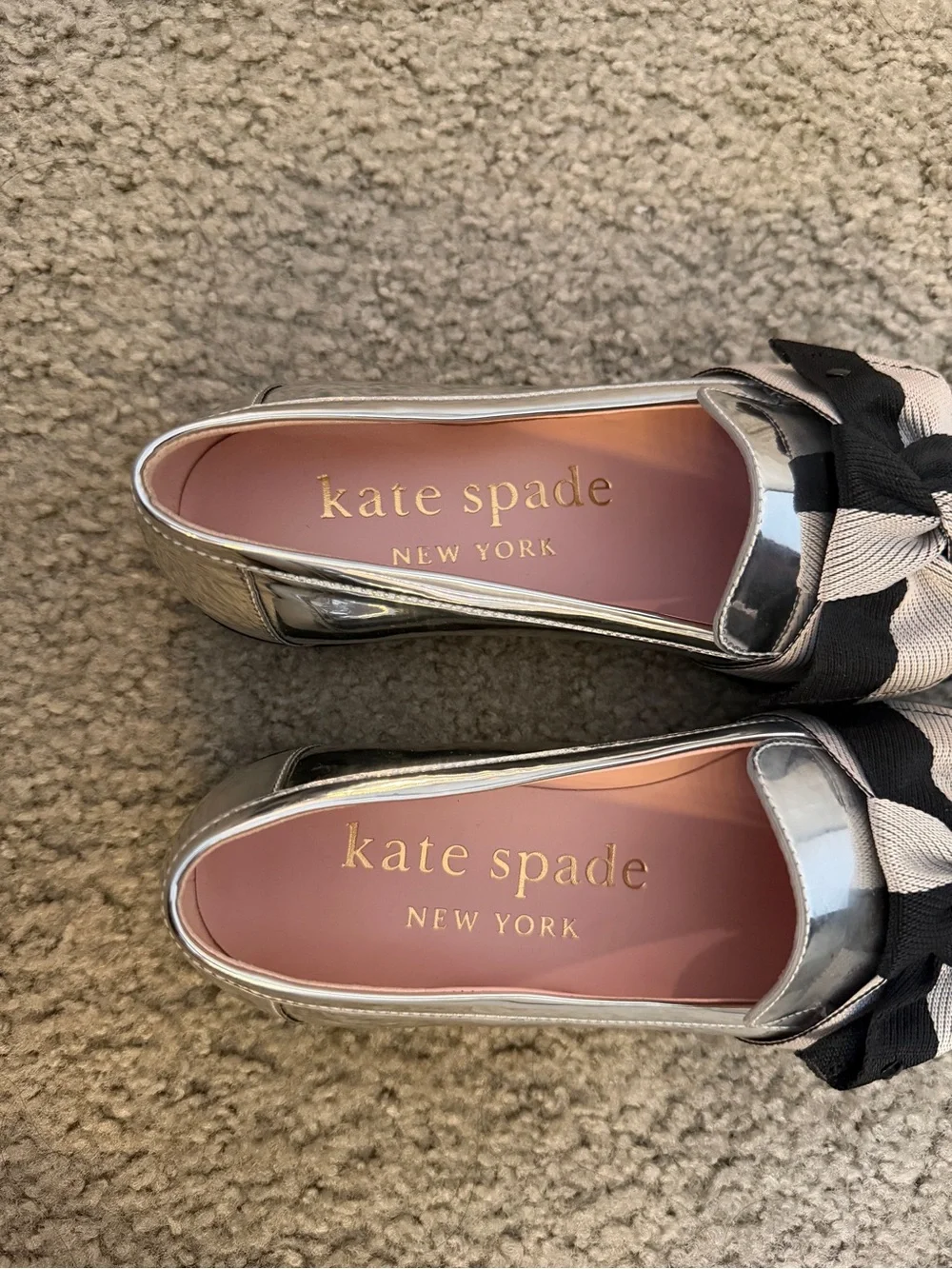 Kate Spade Silver Chrome Metallic Loafers with Black & Beige Bow